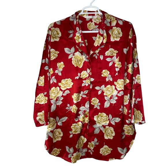Victoria’s Secret Women Large Sleep Shirt Satin Red Gold Rose Oversize Button Up - Picture 1 of 5